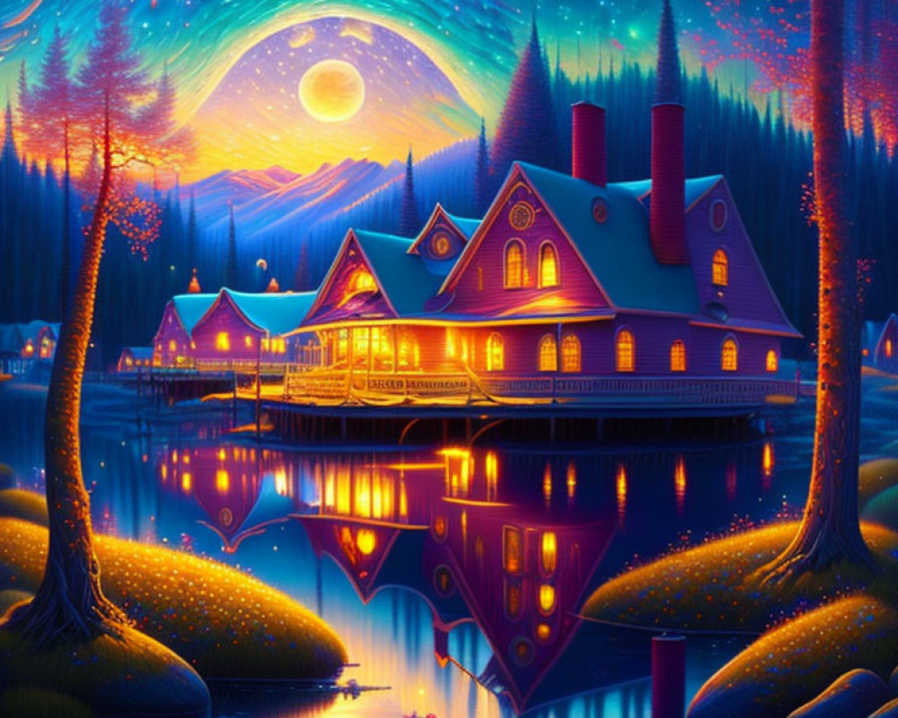 Colorful whimsical artwork of cozy cottage by reflective lake under starry sky