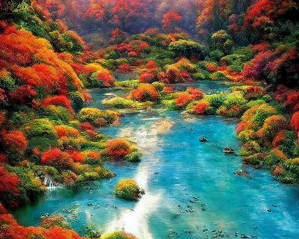 Vibrant autumn forest with blue river landscape