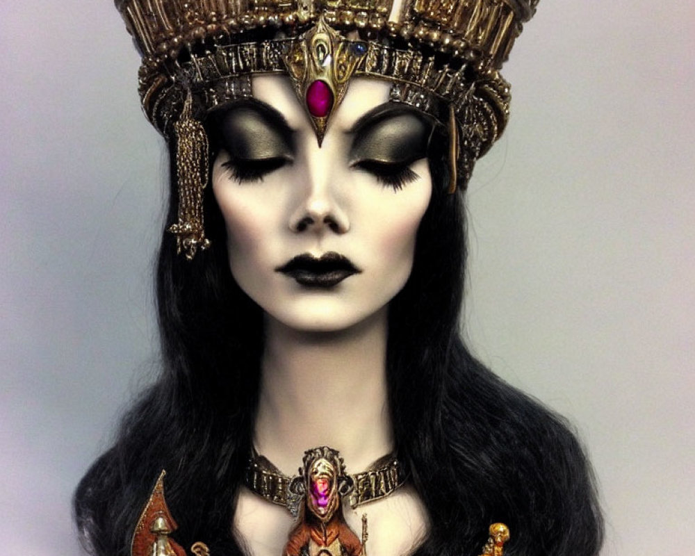 Mannequin head with intricate makeup and golden headdress featuring red gemstone.