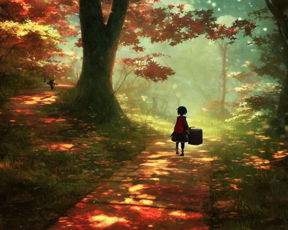 Child with suitcase walking on sunlit forest path among autumn leaves