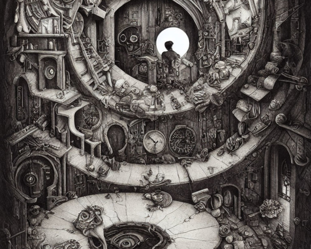 Monochromatic illustration of cluttered circular room with clocks, gears, and whimsical objects