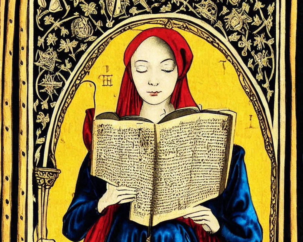 Medieval woman in red head covering reading book under ornate golden arch