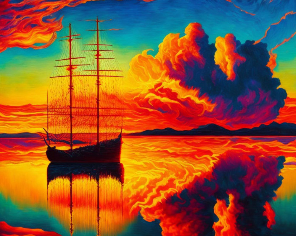 Vibrant sunset painting of sailing ship with swirling clouds