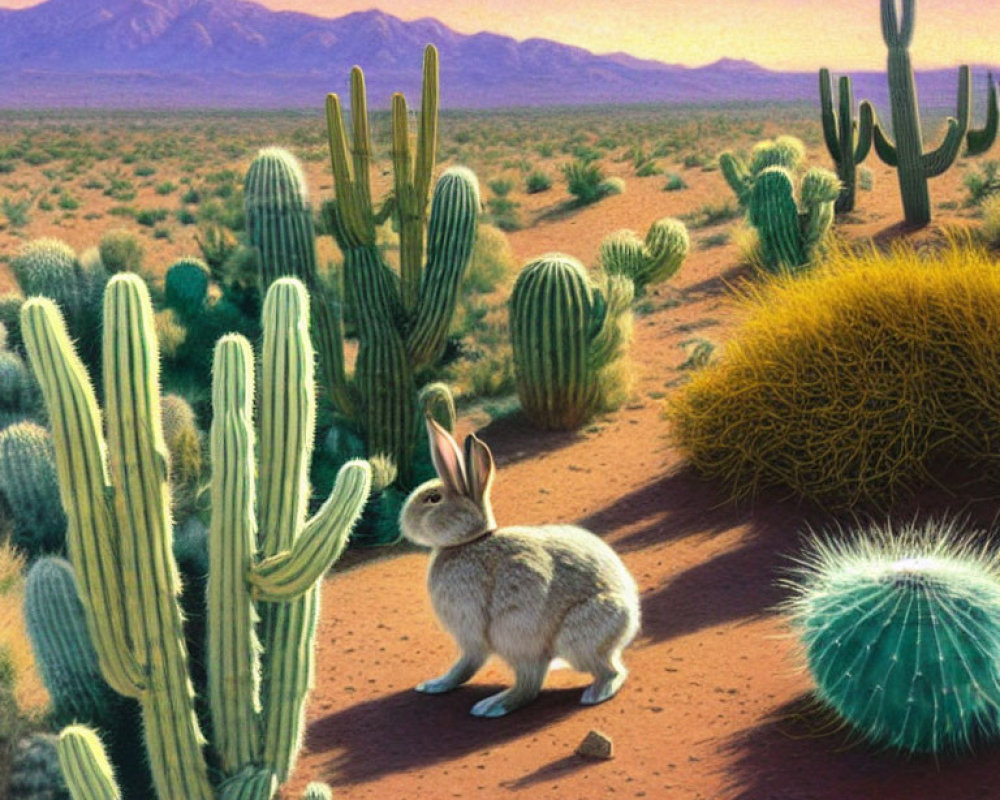 Rabbit in desert landscape with cacti and mountains