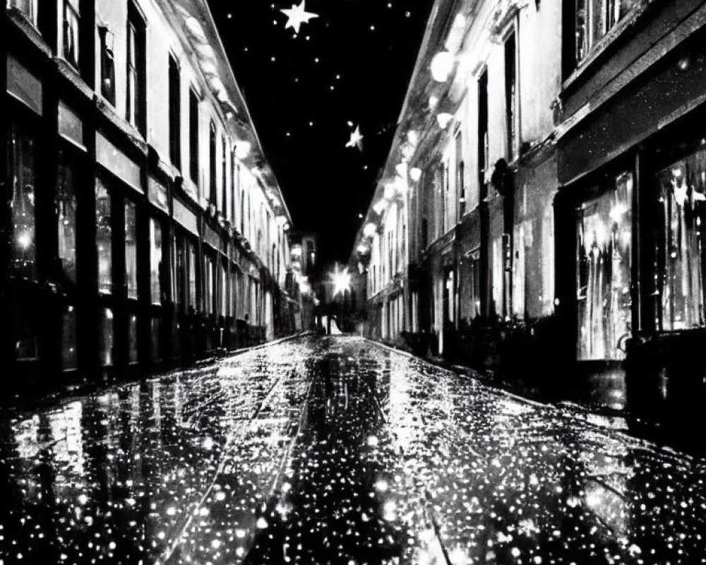 Monochrome night cityscape with wet street and shimmering lights