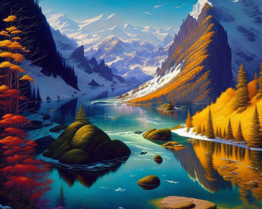 Colorful Autumn Landscape with River, Mountains, and Moon