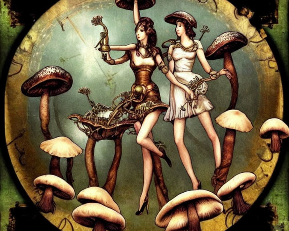 Steampunk-themed fantasy art with two women and oversized mushrooms in circular frame.