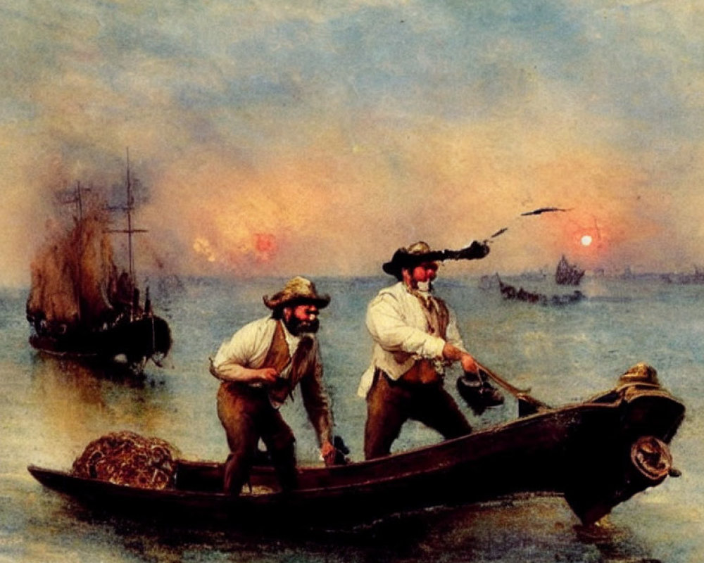 Two fishermen in rowboat at dusk with vibrant sunset and ships.