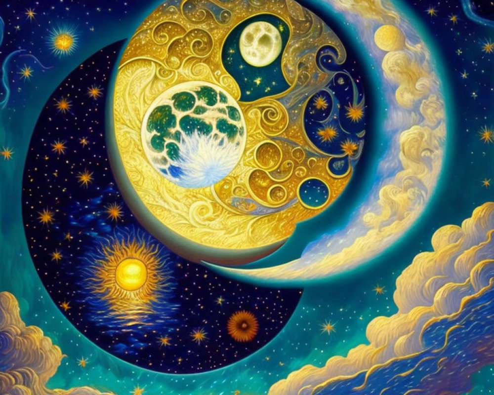 Celestial-themed vibrant painting with Earth, moon, sun, stars, and swirling clouds.