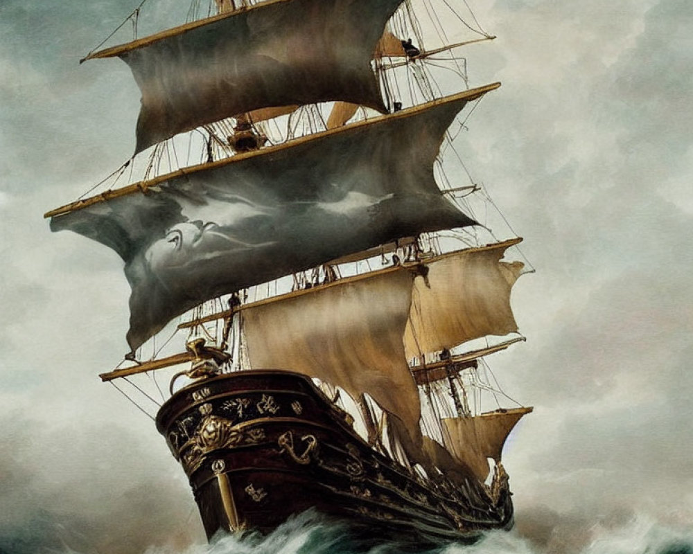 Ornate sailing ship battles stormy seas with billowing sails