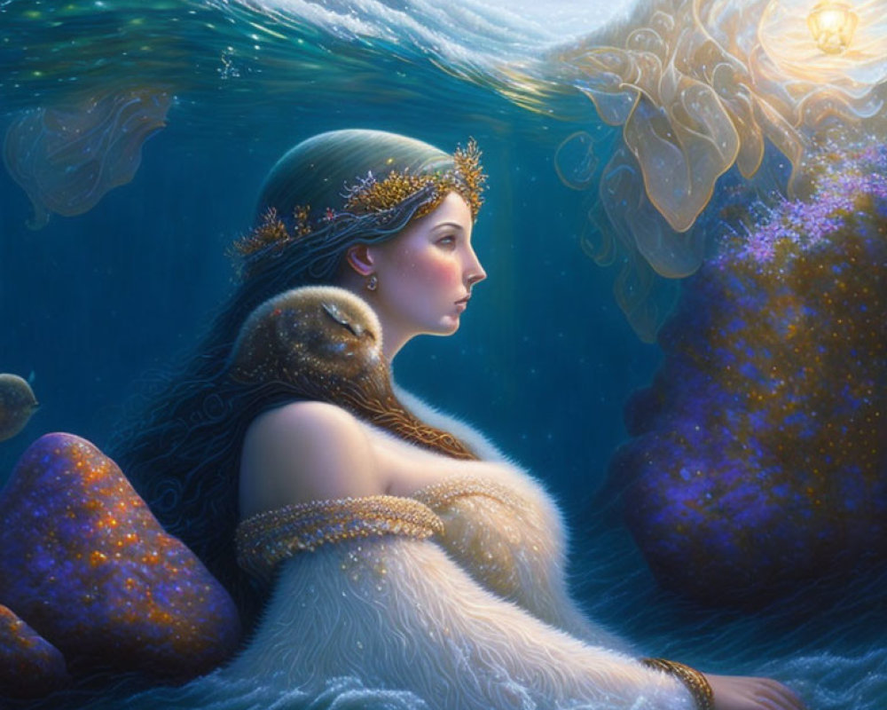 Illustrated Woman in Fur Cloak and Golden Headpiece Sitting in Water at Sunset