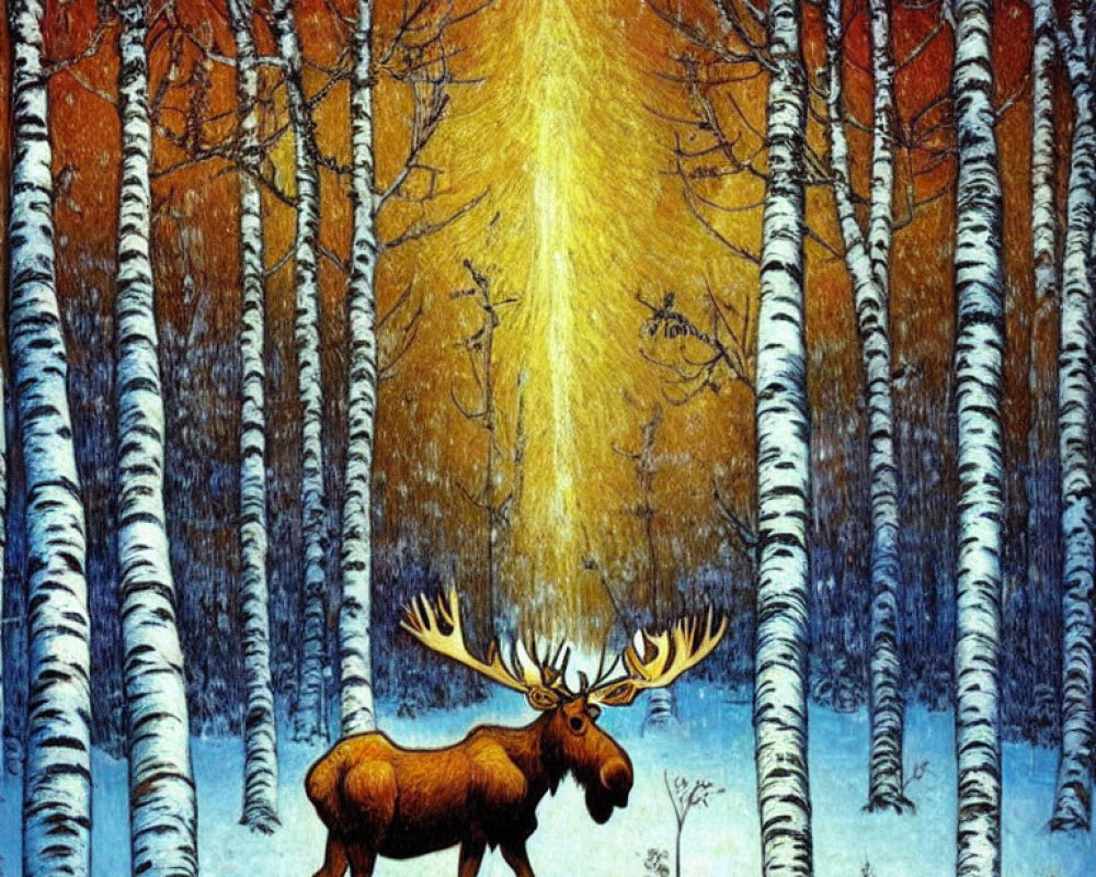 Majestic moose in snowy forest under golden light