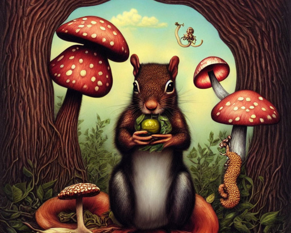 Whimsical squirrel with green gem in mushroom-filled scene