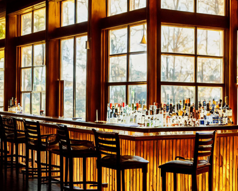 Cozy bar interior with wooden counter, backlit liquor shelves, and leafless tree view