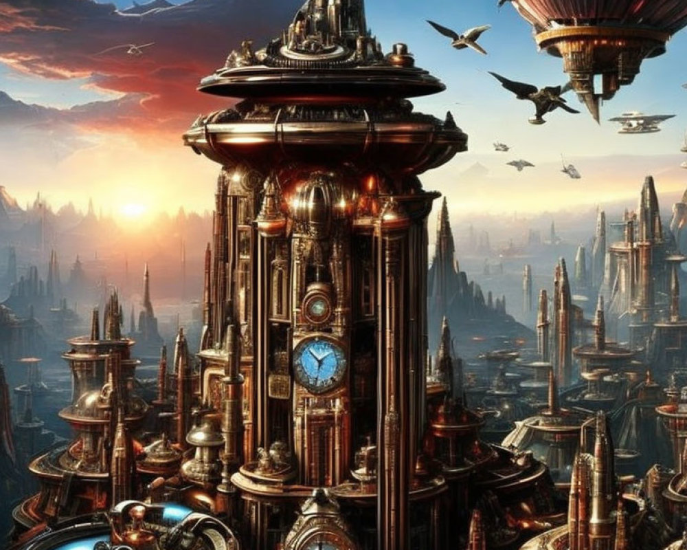 Futuristic cityscape with towering spires, airships, and birds at sunset