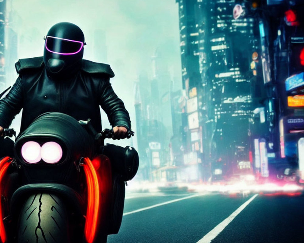 Person in Black Outfit Riding Motorcycle with Pink Accents at Twilight