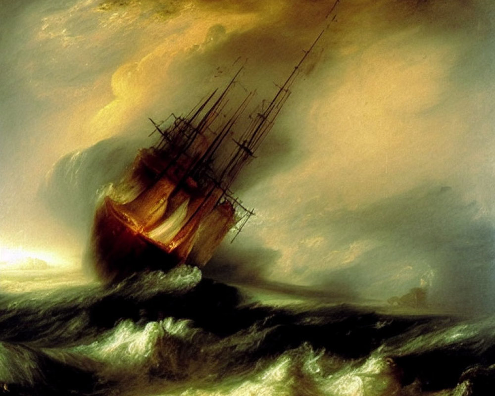 Dramatic oil painting: ship in turbulent seas under brooding sky