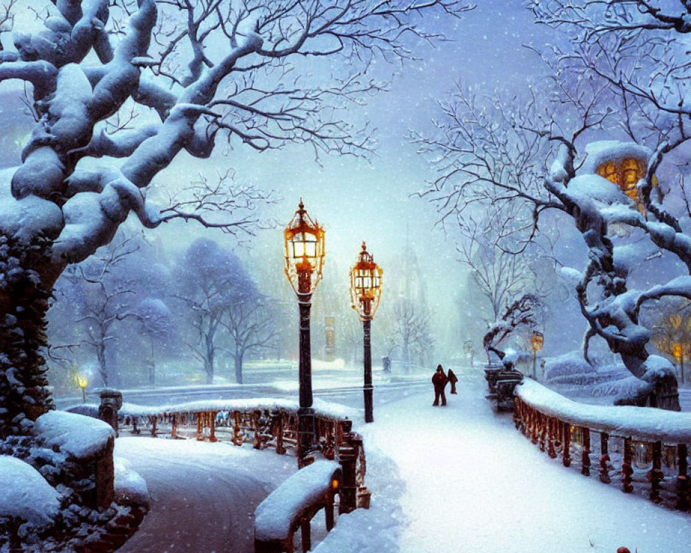 Winter scene: snow-covered park with glowing street lamps, bare trees, bridge railing, and couple walking