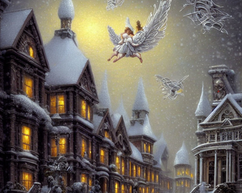 Victorian manor house in snowy evening with angels and ice sculptures