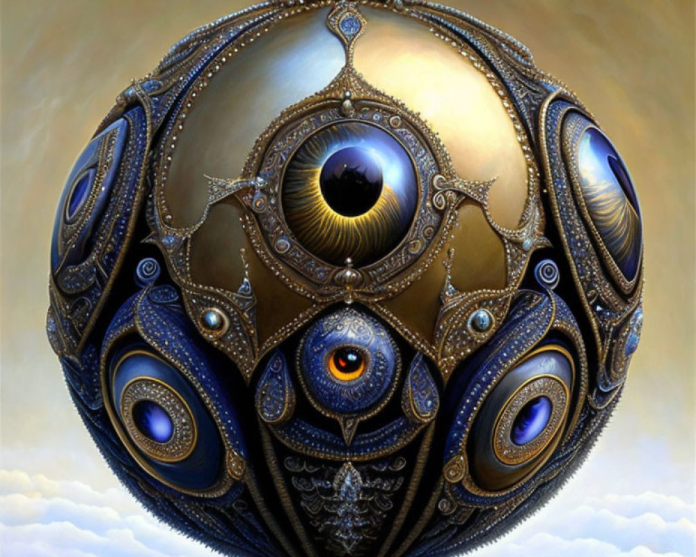 Intricate gold and blue eye motifs on spherical artifact