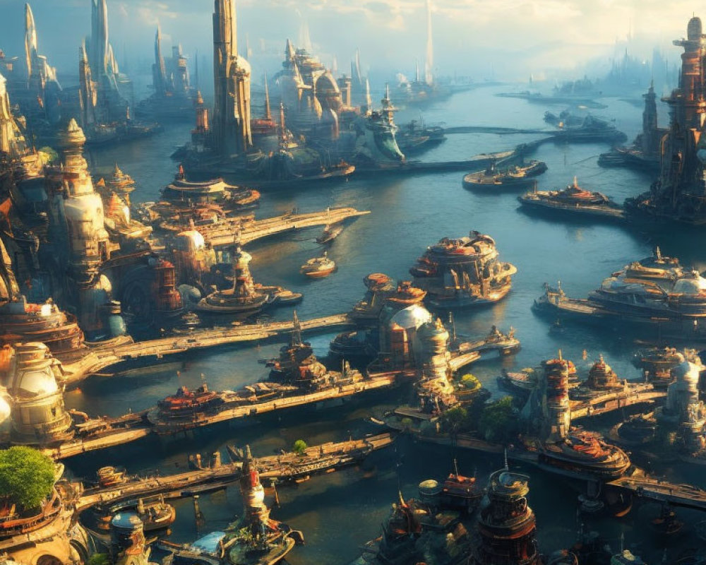 Futuristic cityscape with towering spires and waterways