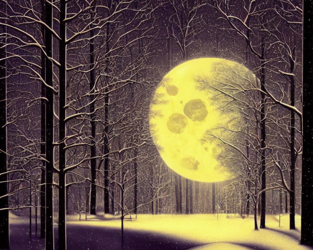 Snow-covered Winter Night Scene with Full Moon and Falling Snowflakes