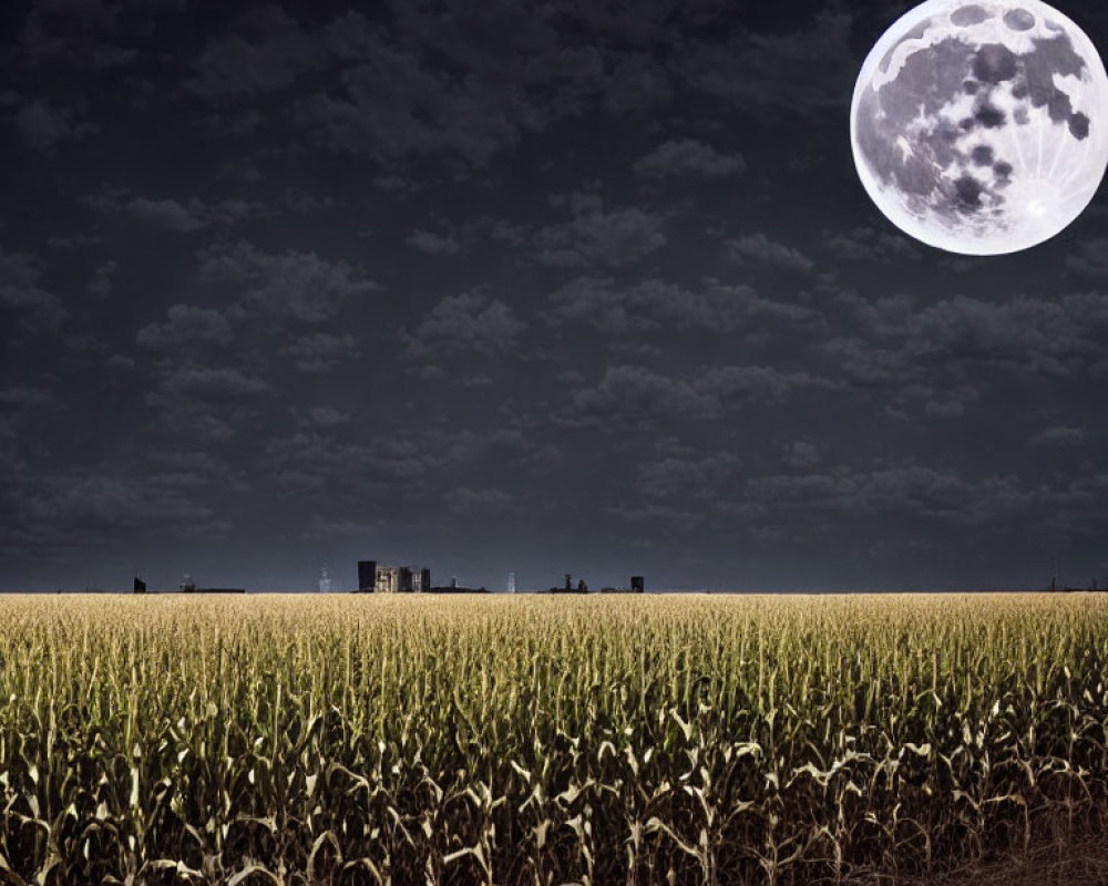 Brightly lit full moon over dark nighttime landscape with cornfield and silhouetted structures.