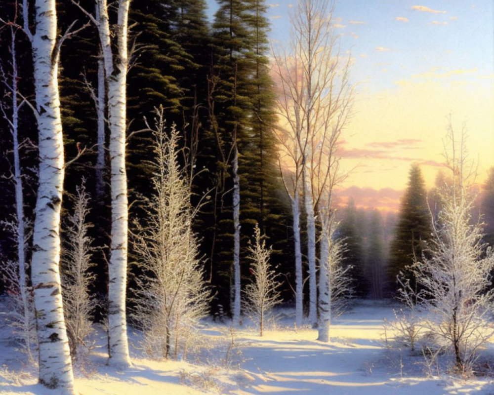 Snow-covered winter landscape with birch and evergreen trees under warm sunlight