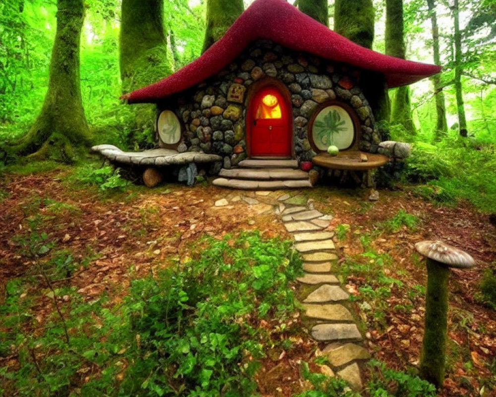 Stone cottage with red door in mossy forest with cobblestone path