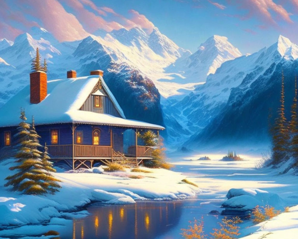 Snowy Chalet by River Surrounded by Winter Landscape