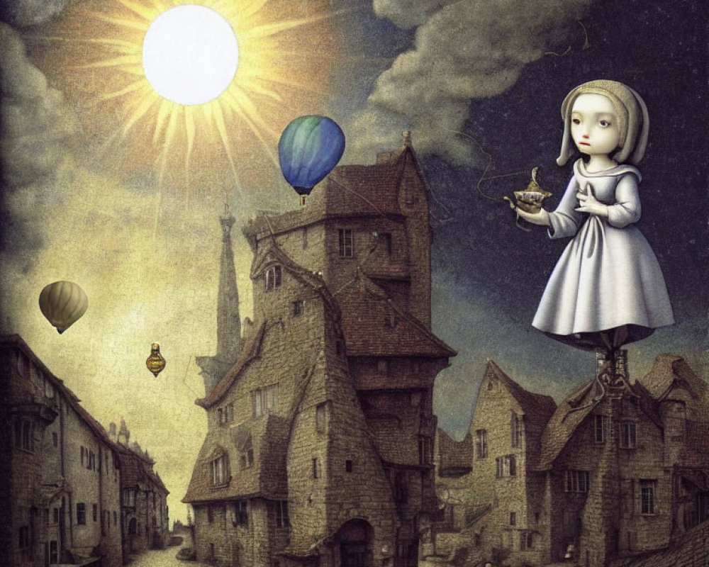 Giant Girl Floating Over European Town Street with Teacup