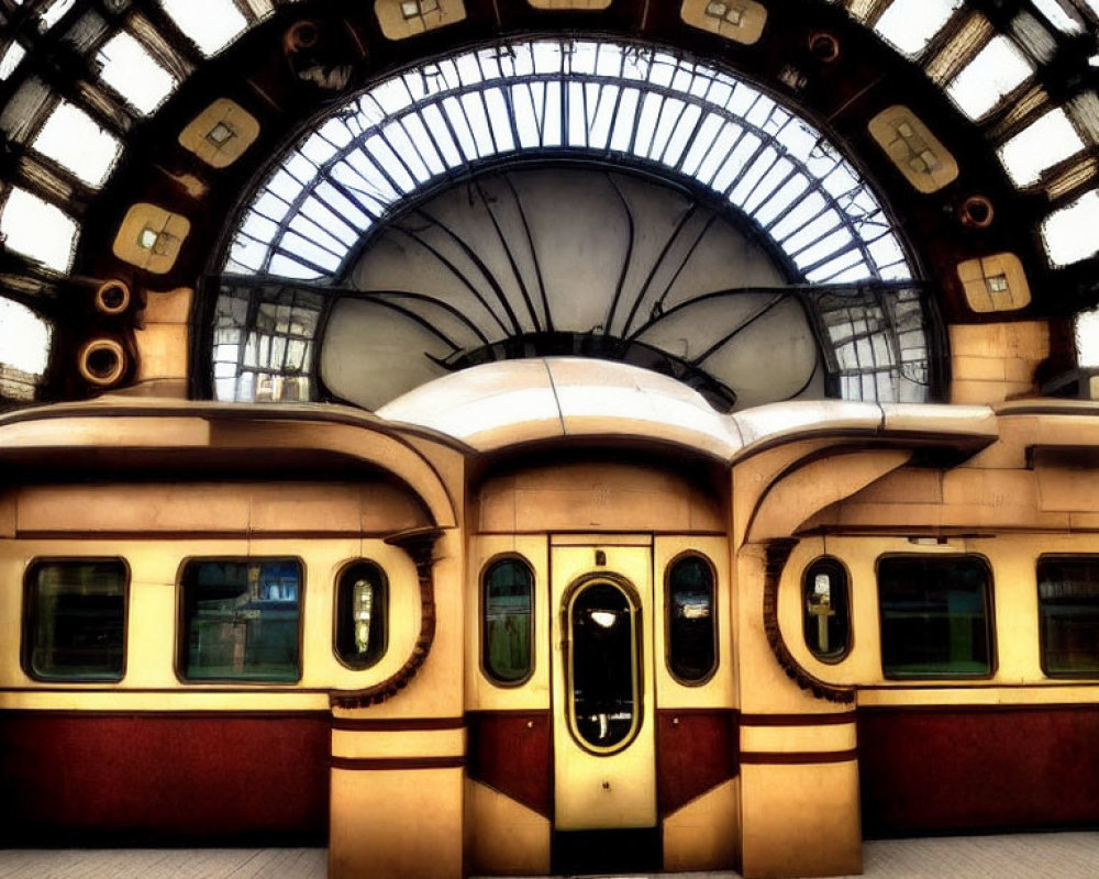 Symmetrical architecture of vintage train station with glass-paneled roof