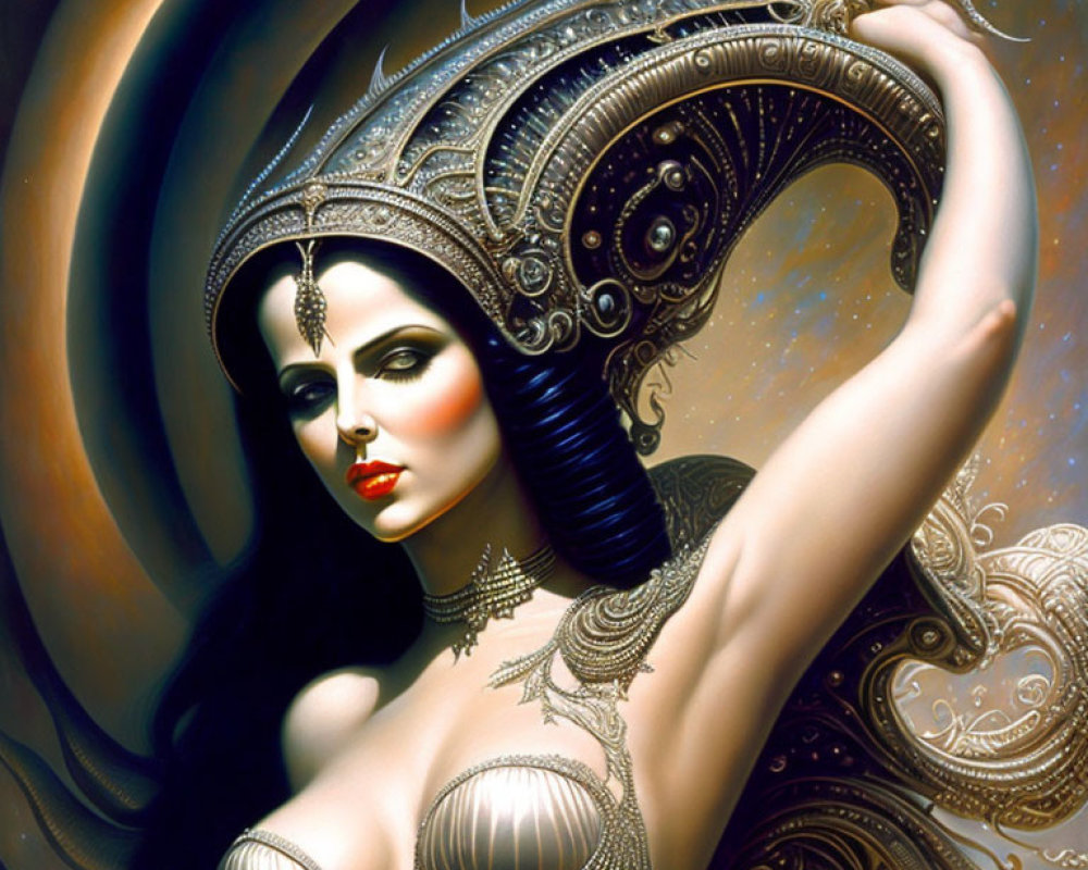 Stylized woman with ornate headgear and jewelry against cosmic backdrop