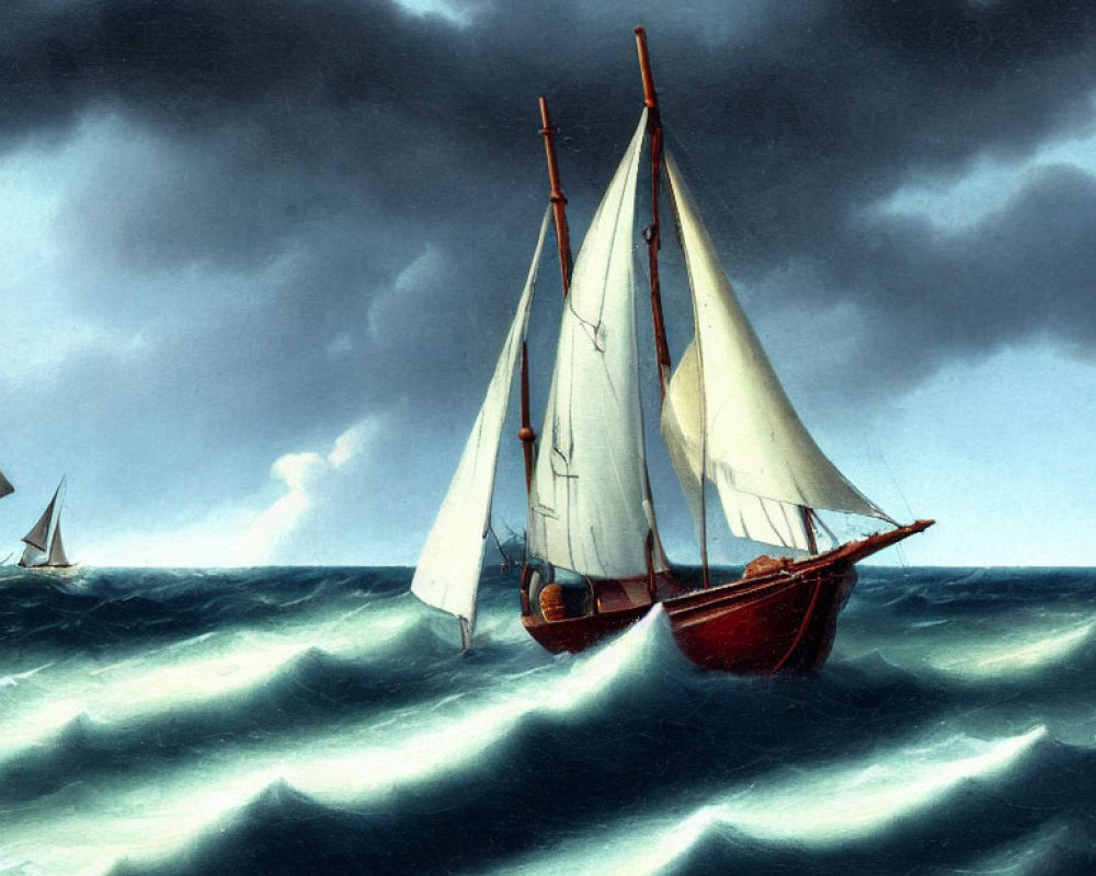 Stormy Seascape with Sailboats and Dark Clouds