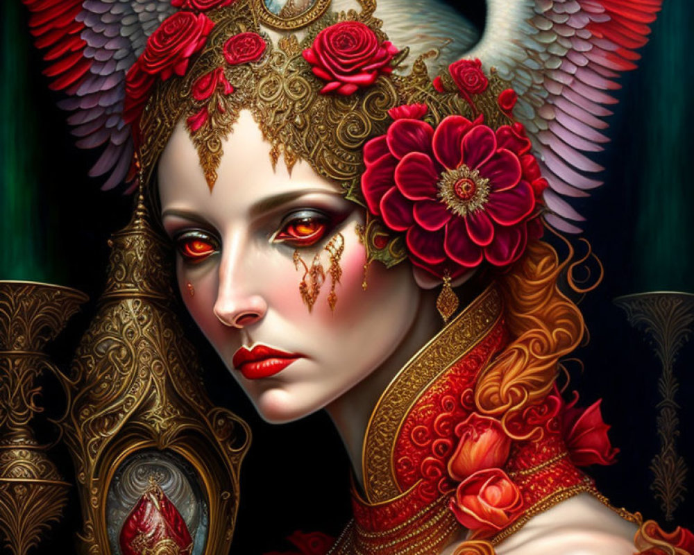 Fantastical female figure with ornate golden headgear and red roses, clock, crimson feathers,