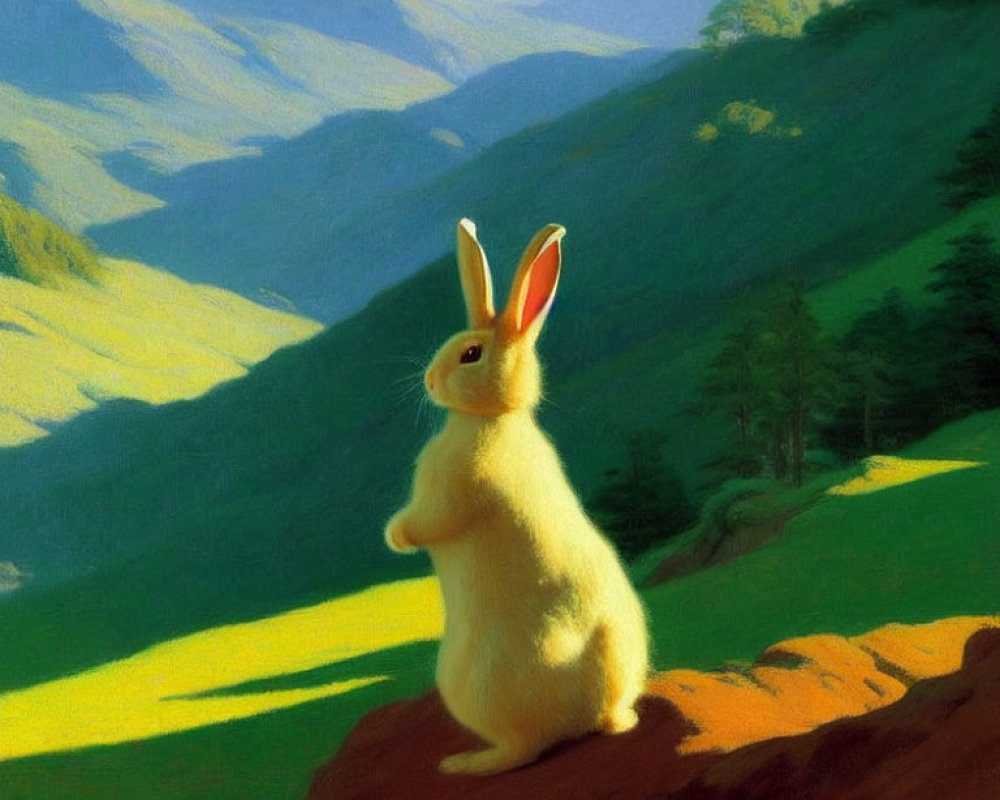 Tranquil rabbit illustration on hillside with green valleys under warm light