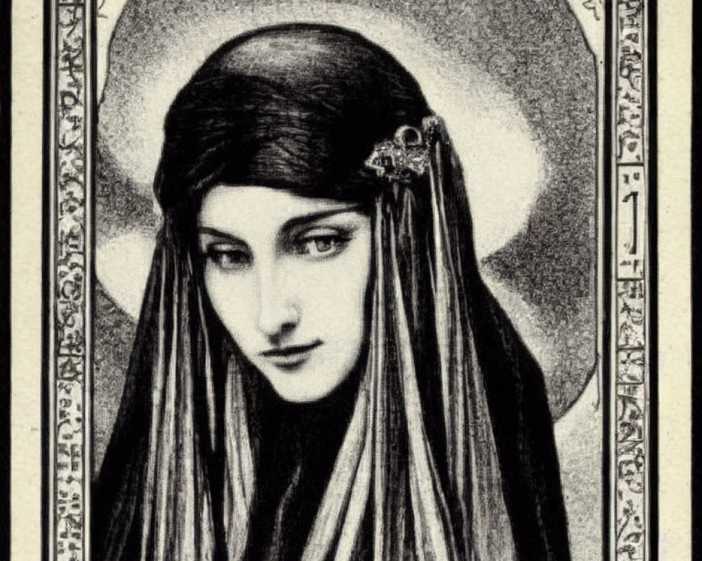 Vintage illustration of a serene woman with dark hair and headpiece in ornate frame