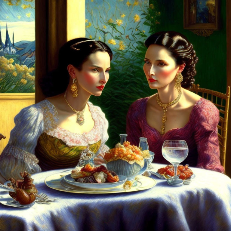 Two women in elegant period dresses dining outdoors with serene landscape and table set with food.