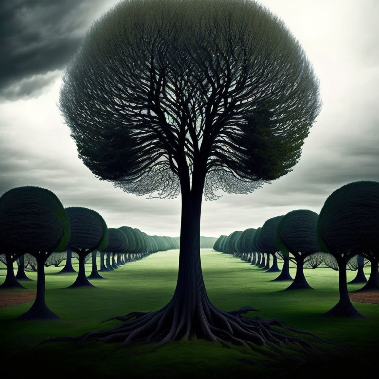 Surreal landscape with central large tree under moody sky