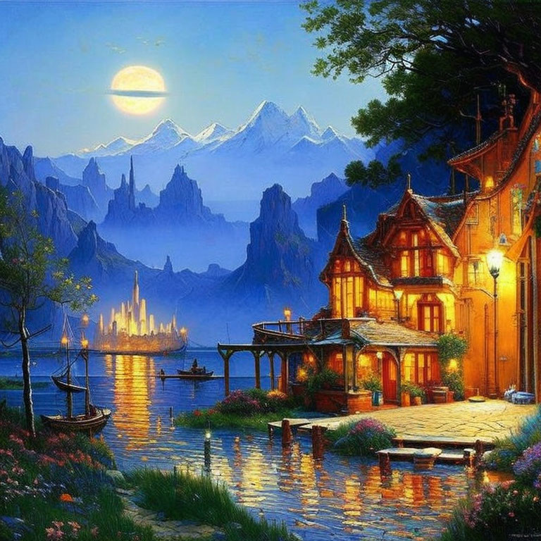 Tranquil lakeside night with cozy houses, boats, full moon & mountains