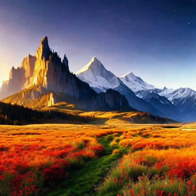 Colorful sunset mountain landscape with starry sky and red wildflowers.