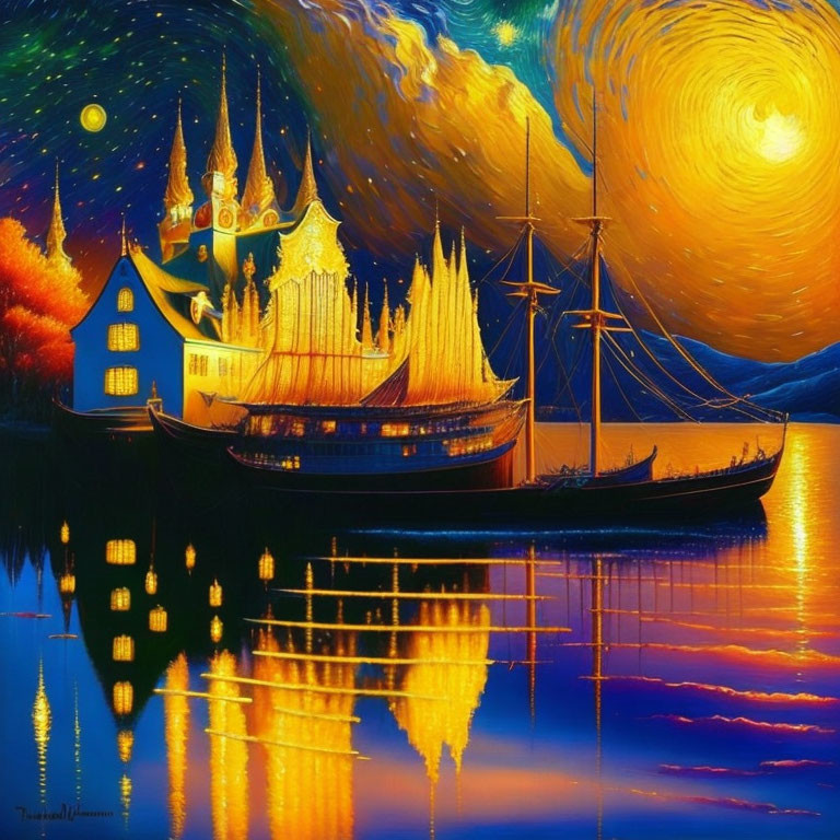 Vibrant painting of starry night sky, castle by water, ship with illuminated sails