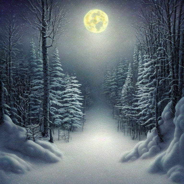 Snow-covered evergreen trees under bright full moon in serene winter night.