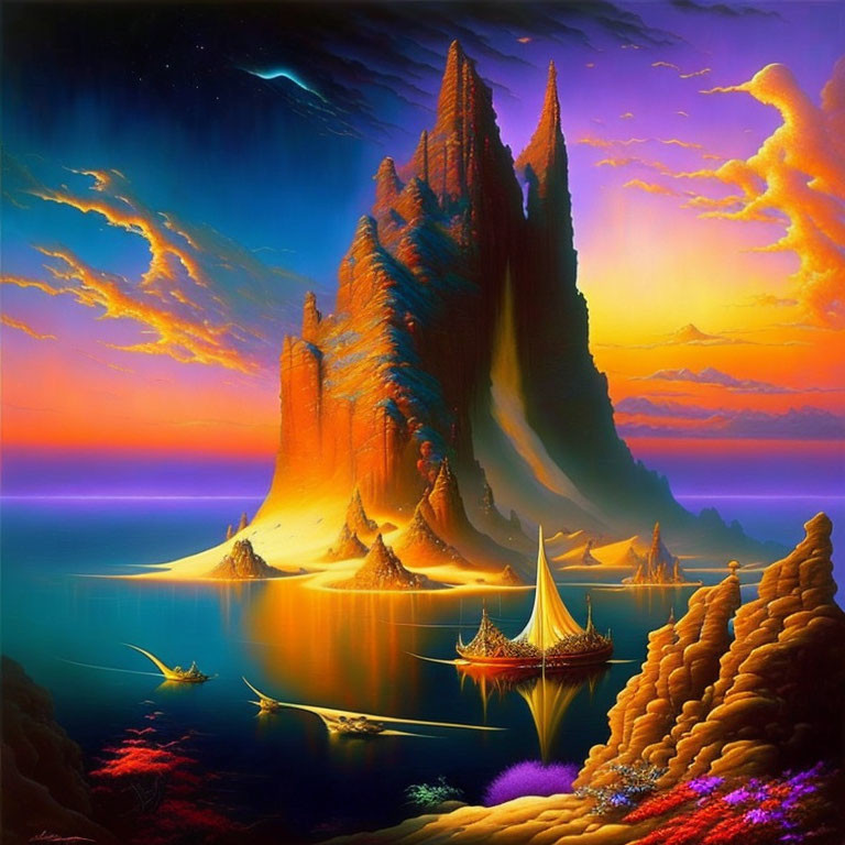 Colorful fantasy landscape with towering mountain and traditional sailing ships