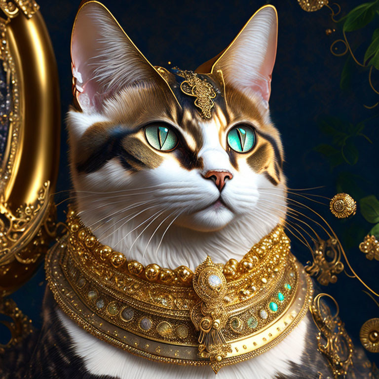 Regal Cat with Golden Jewelry and Headpiece on Dark Background
