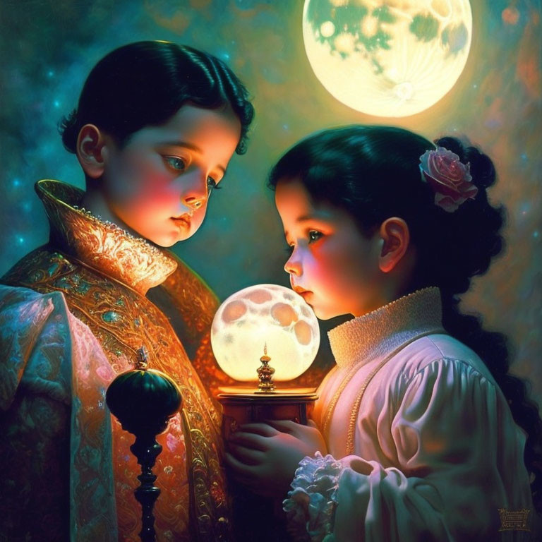 Children in vintage clothing under luminous full moon