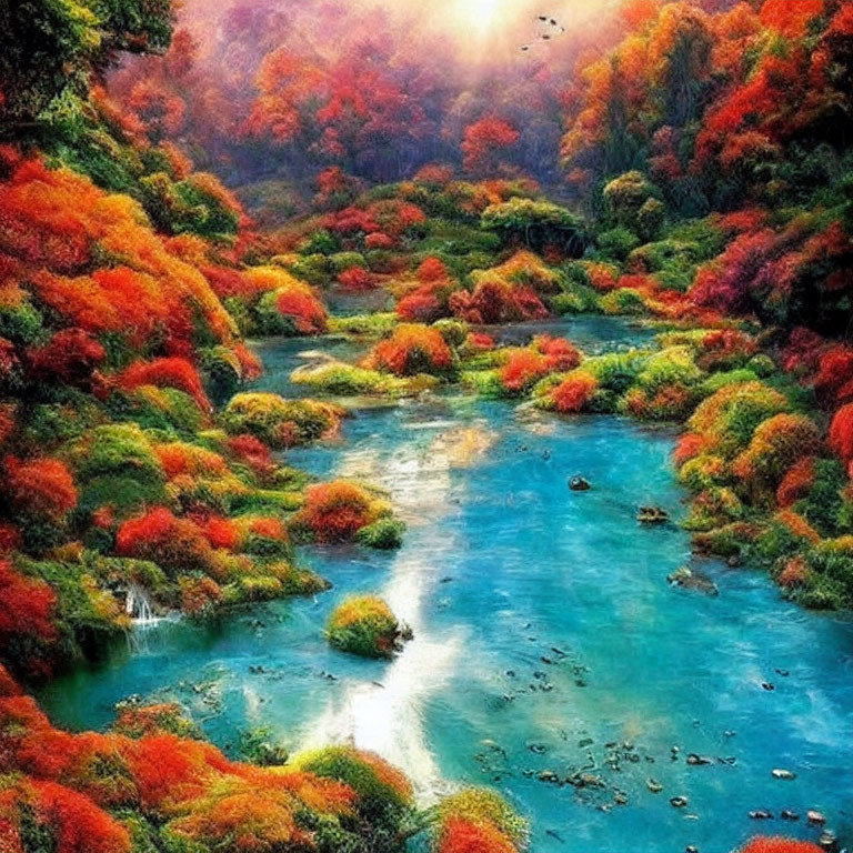 Vibrant autumn forest with blue river landscape