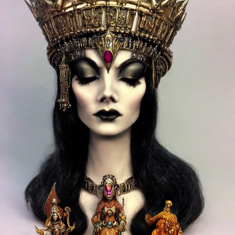 Mannequin head with intricate makeup and golden headdress featuring red gemstone.