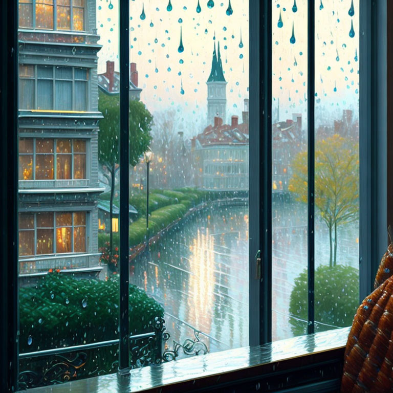 Rainy day urban view: wet street, European buildings, church spire.