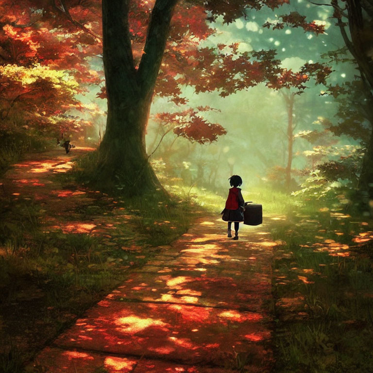 Child with suitcase walking on sunlit forest path among autumn leaves